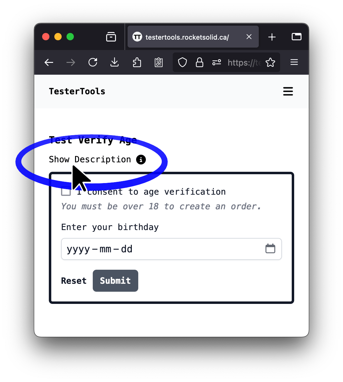 screenshot of Test Verify Age example with cursor hovering over 'Show Description'